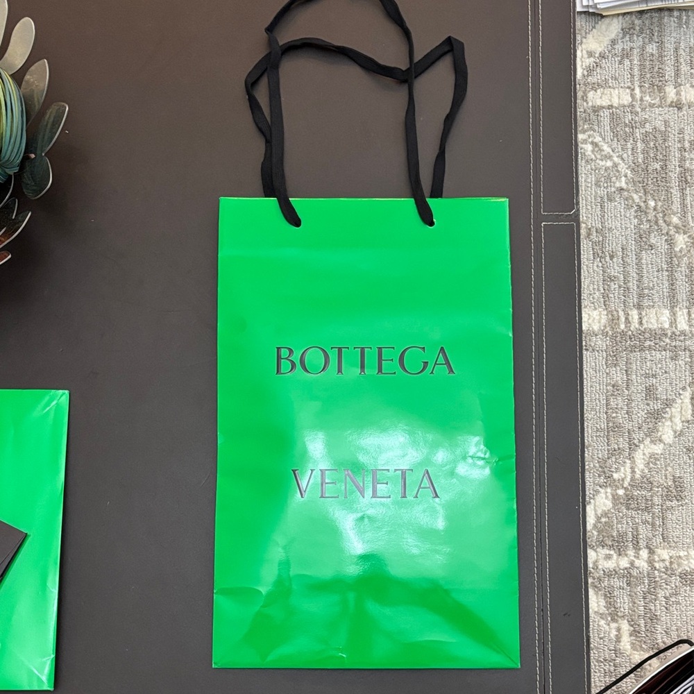 Bottega Veneta Bright Green Logo Tote with Black Ribbon Handles
